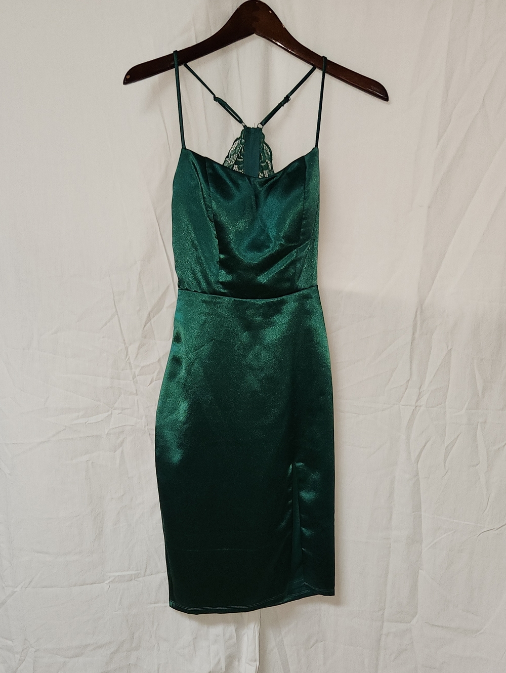 Satin Emerald Midi Slip Dress with Lace Back Detail